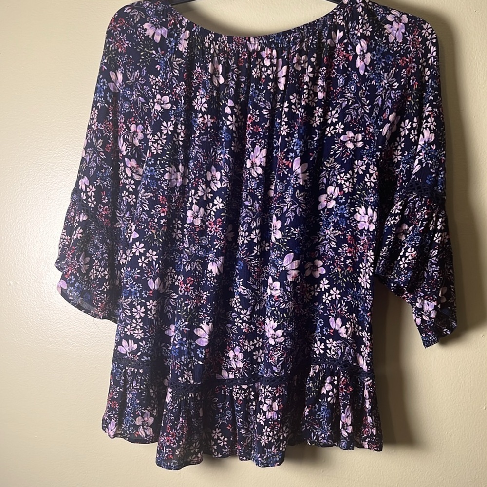 Fever Pink dark blue and White Ruffled bohemian Blouse with 3/4 Sleeves - Picture 6 of 6